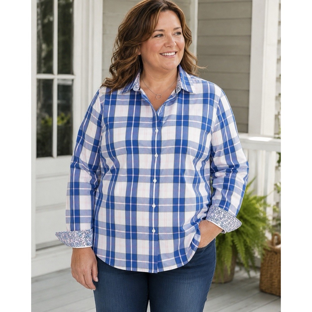 ORVIS Blue Plaid (18) COTTON Button Up Blouse-Coastal-Preppy-Cottagecore-Classic